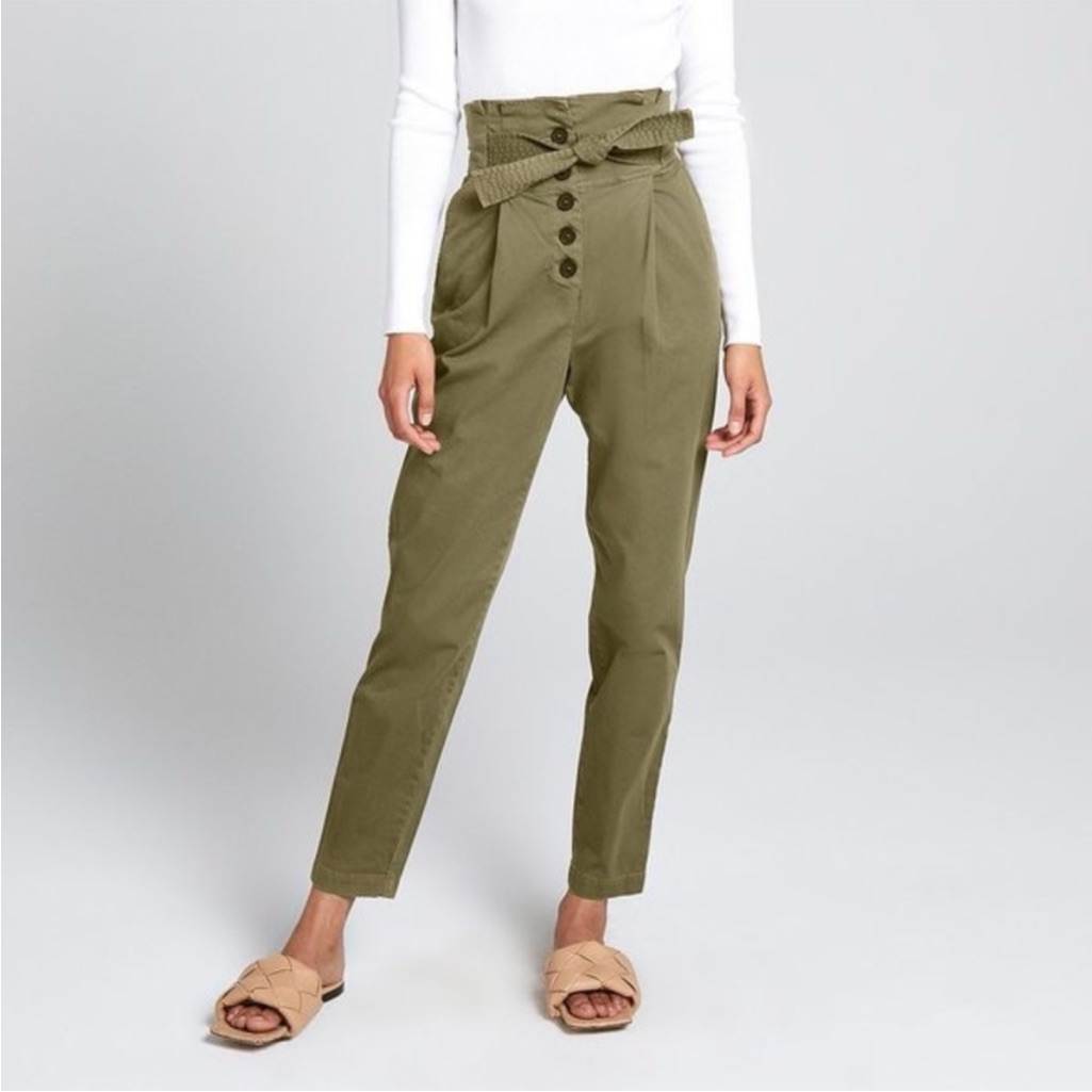 A.L.C. Green Oregano Cotton Blend High Waisted Paperbag Belted Pants Sz. 2